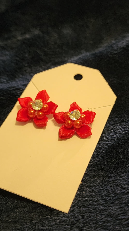 Red Silk Flower Stud Earrings